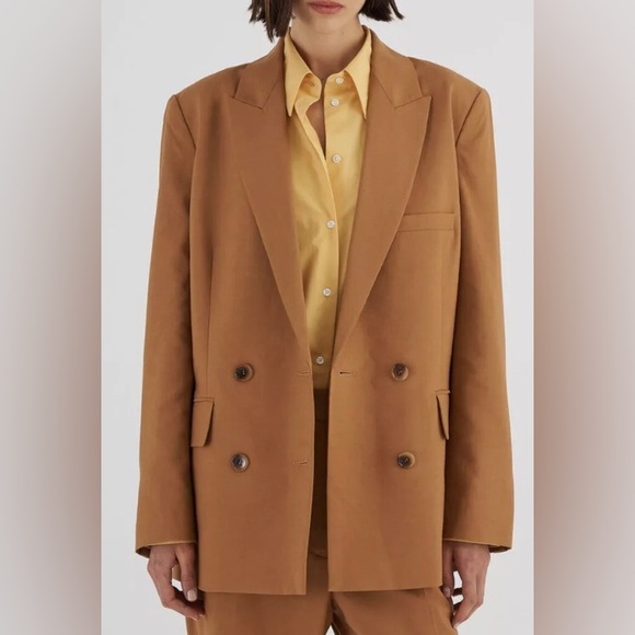 Oroton Jackets & Blazers - Oroton Double Breast Cotton Blazer Jacket Wide Peak Lapels in Toffee Size 10 NWT